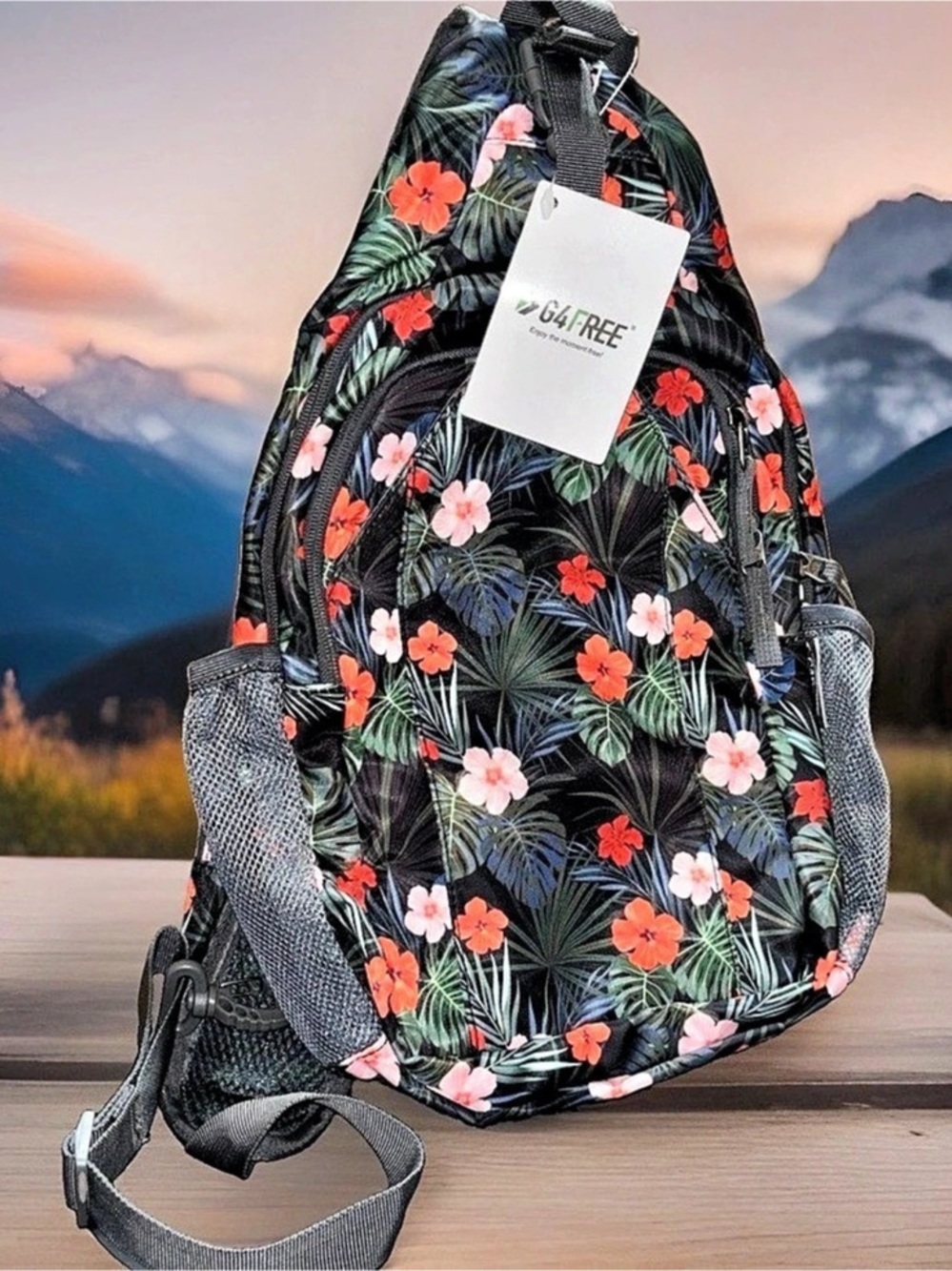G4Free RFID Sling Bag Crossbody B
(Black Base Floral) Floral Backpack NWT